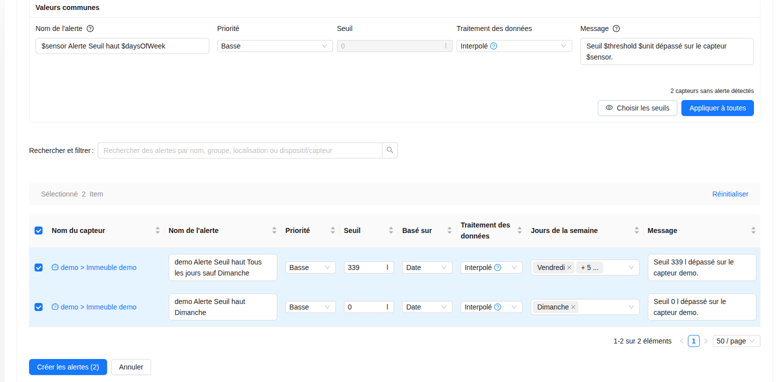 Menu d'édition en masse
