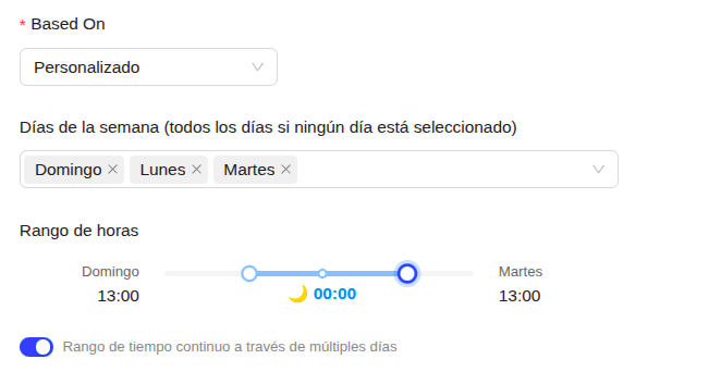Rango horario continuo durante varios días