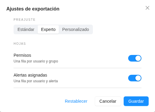 Ajustes de exportación de los administradores