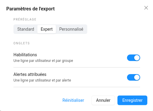 Paramètres de l'export des administrateurs
