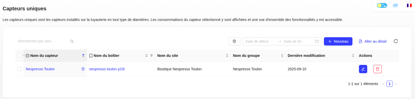 Liste des capteurs uniques
