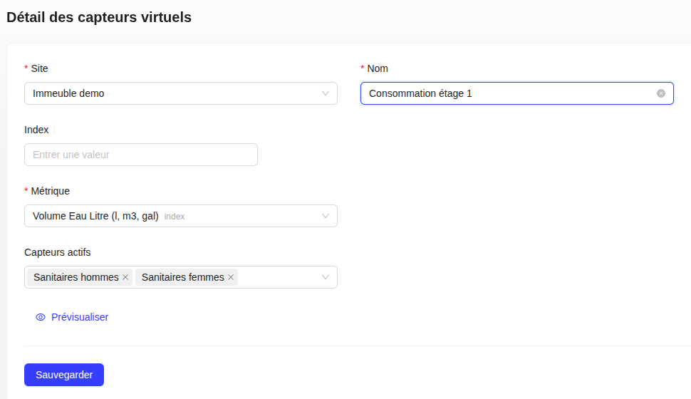 Formulaire de création de capteur virtuel
