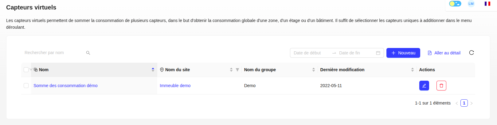 Liste des capteurs virtuels